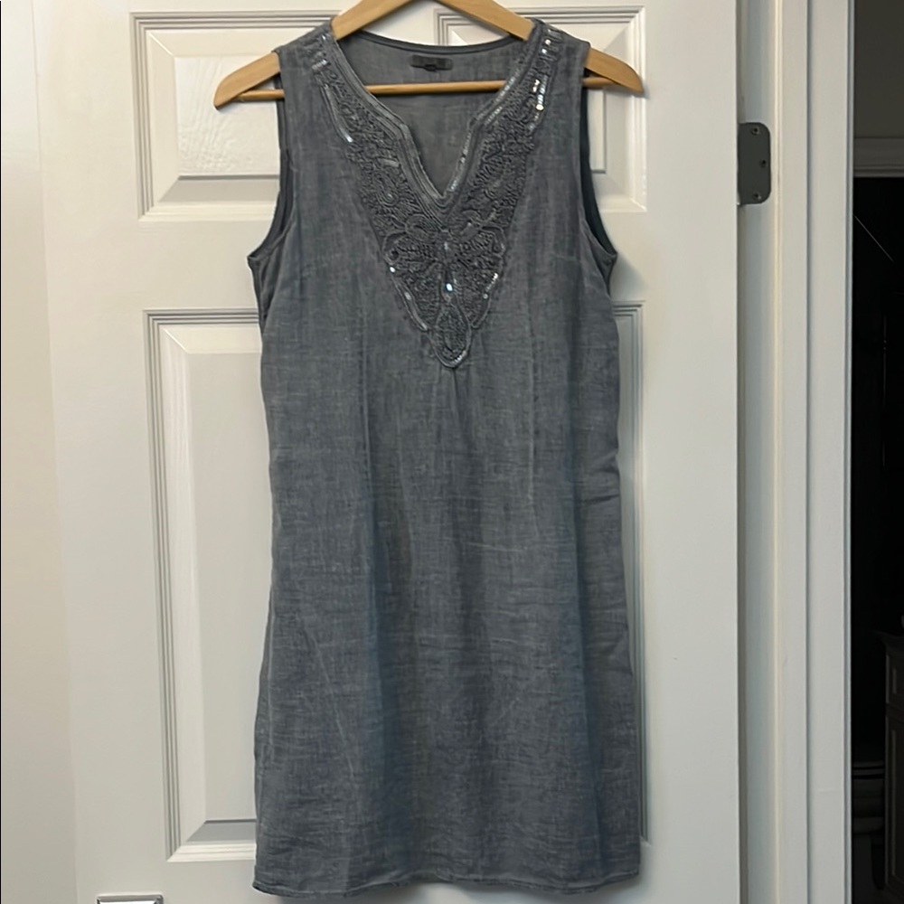 Chic Sleeveless Grayish blue linen Dress with Embellished Neckline